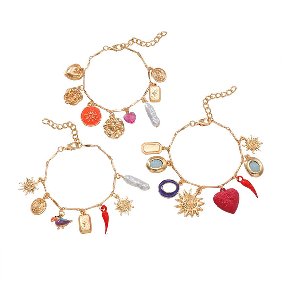 Alloy Multilayer Bracelet With Retro Style Dripping Oil Pattern Love Sunflower Chili Bird Leaf Shapes Set With Diamonds For Women