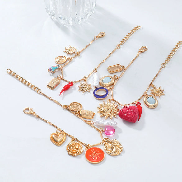 Alloy Multilayer Bracelet With Retro Style Dripping Oil Pattern Love Sunflower Chili Bird Leaf Shapes Set With Diamonds For Women