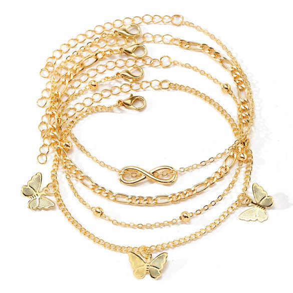 Alloy Multilayer Geometric Butterfly Star Fish Bone Chain Anklet Set For Women