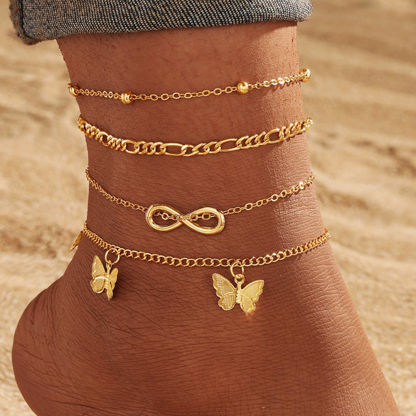 Alloy Multilayer Geometric Butterfly Star Fish Bone Chain Anklet Set For Women