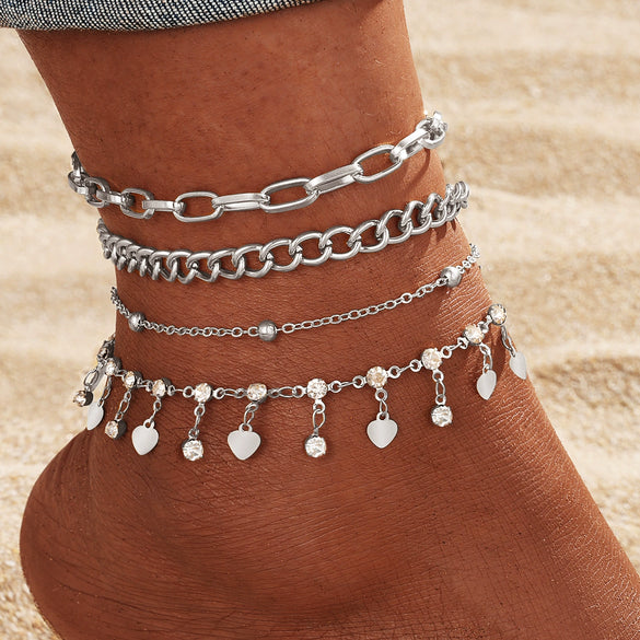 Alloy Multilayer Geometric Butterfly Star Fish Bone Chain Anklet Set For Women