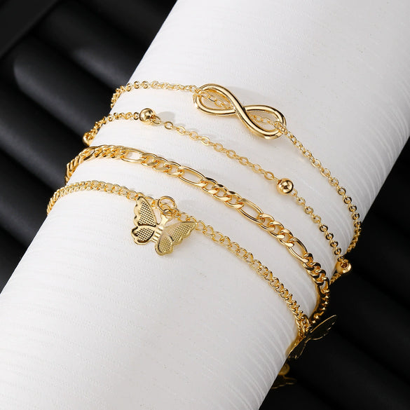 Alloy Multilayer Geometric Butterfly Star Fish Bone Chain Anklet Set For Women