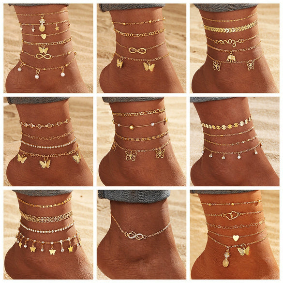 Alloy Multilayer Geometric Butterfly Star Fish Bone Chain Anklet Set For Women