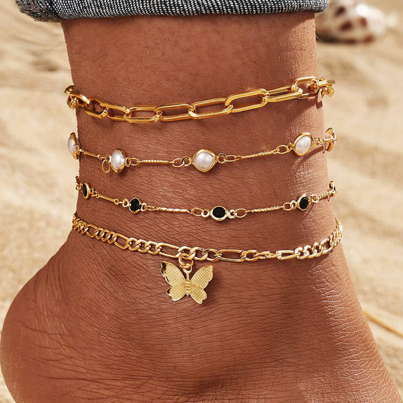 Alloy Multilayer Geometric Butterfly Star Fish Bone Chain Anklet Set For Women