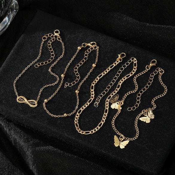 Alloy Multilayer Geometric Butterfly Star Fish Bone Chain Anklet Set For Women