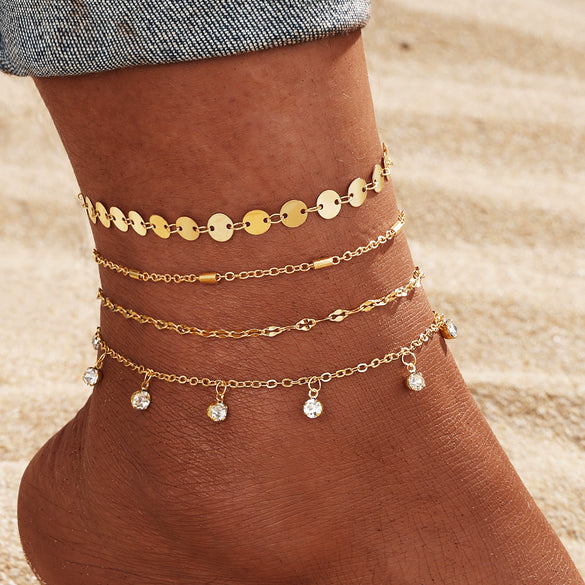 Alloy Multilayer Geometric Butterfly Star Fish Bone Chain Anklet Set For Women