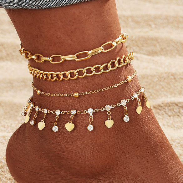 Alloy Multilayer Geometric Butterfly Star Fish Bone Chain Anklet Set For Women