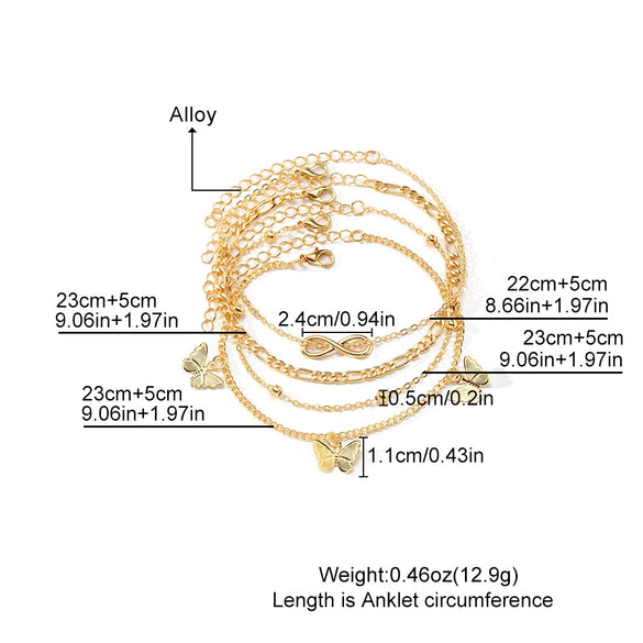 Alloy Multilayer Geometric Butterfly Star Fish Bone Chain Anklet Set For Women