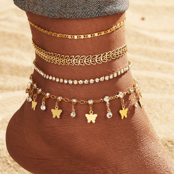 Alloy Multilayer Geometric Butterfly Star Fish Bone Chain Anklet Set For Women
