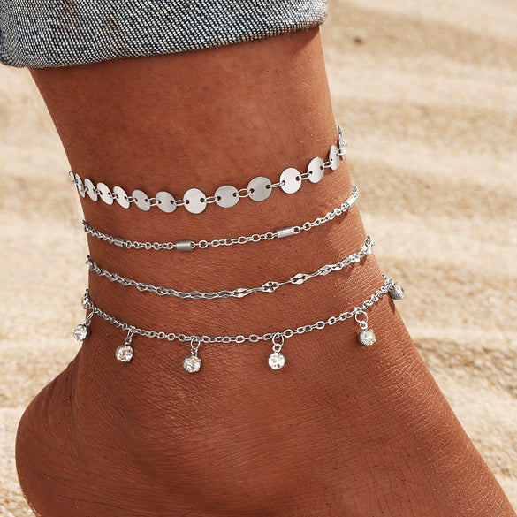 Alloy Multilayer Geometric Butterfly Star Fish Bone Chain Anklet Set For Women