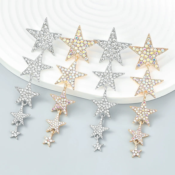 Alloy Multilayer Rhinestone Studded Fivepointed Star Long Earrings For Girls With Geometric Design And Diamond Treatment