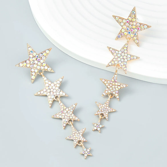 Alloy Multilayer Rhinestone Studded Fivepointed Star Long Earrings For Girls With Geometric Design And Diamond Treatment