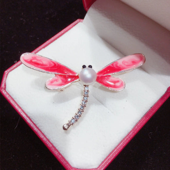 Alloy Natural Freshwater Pearl Dragonfly Brooch Electroplated Women's Coat Accessory