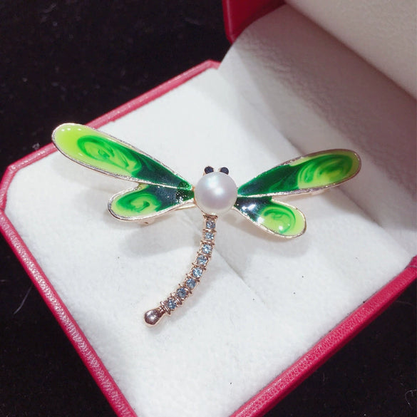 Alloy Natural Freshwater Pearl Dragonfly Brooch Electroplated Women's Coat Accessory