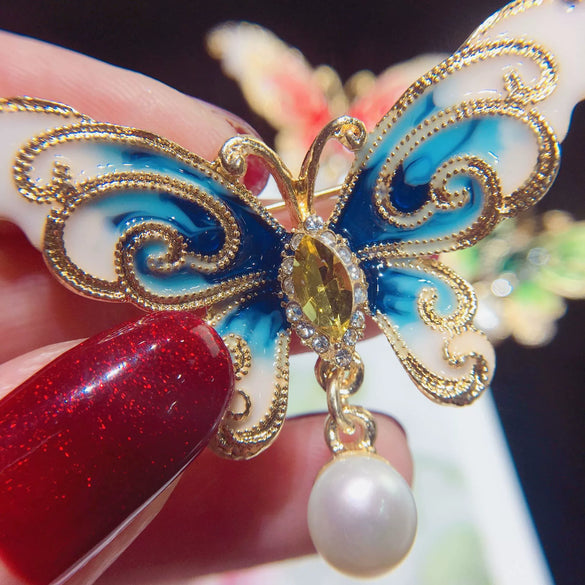 Alloy Natural Freshwater Pearl Enamel Butterfly Brooch Electroplated Women's Wholesale