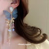 Alloy Needle Inlaid With Diamond Artificial Crystal Mesh Butterfly Pearl Tassel Earrings For Women With Animal Zodiac Pattern