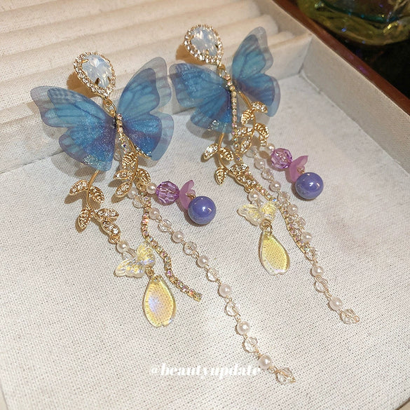 Alloy Needle Inlaid With Diamond Artificial Crystal Mesh Butterfly Pearl Tassel Earrings For Women With Animal Zodiac Pattern