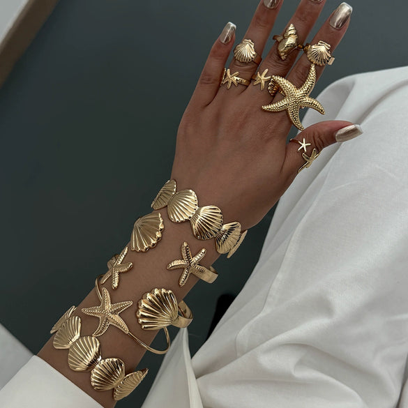 Alloy Oceanthemed Starfish Scallop Open Geometric Elegant Animal Electroplated Bracelet Set