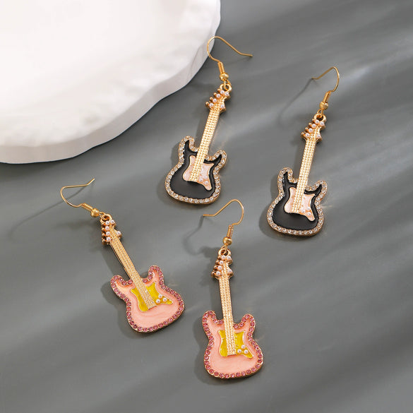 Alloy Oil Drop Diamond Guitar Earrings Punk Style Electroplated Women's