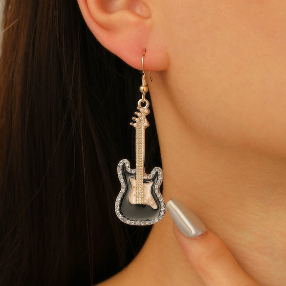 Alloy Oil Drop Diamond Guitar Earrings Punk Style Electroplated Women's