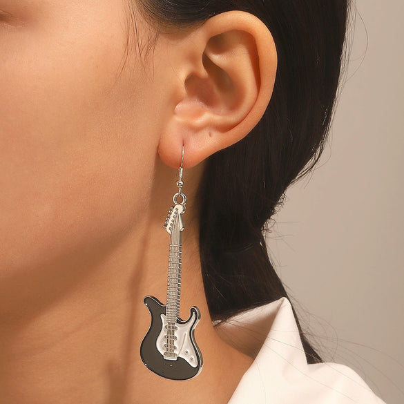 Alloy Oil Drop Diamond Guitar Earrings Punk Style Electroplated Women's