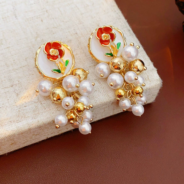 Alloy Oildrip Pearl Butterfly Flower Earrings For Women Light Luxury Style