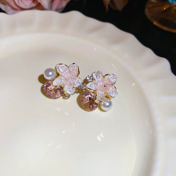 Alloy Oildrip Pearl Butterfly Flower Earrings For Women Light Luxury Style