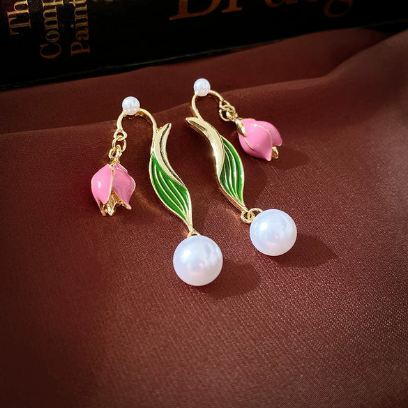 Alloy Oildrip Pearl Butterfly Flower Earrings For Women Light Luxury Style