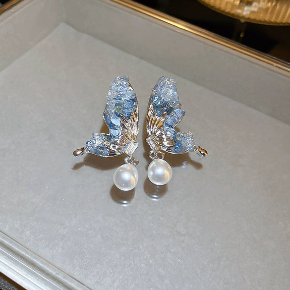 Alloy Oildrip Pearl Butterfly Flower Earrings For Women Light Luxury Style