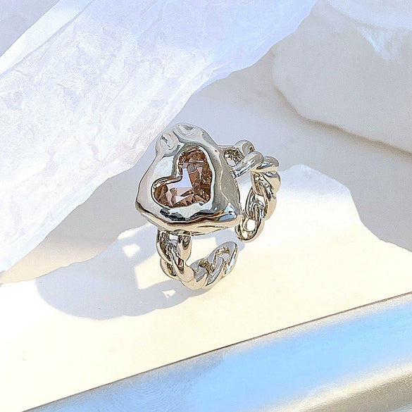 Alloy Open Ring Inlaid With Pink Zircon Geometric Style Electroplated Unisex