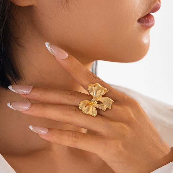 Alloy Open Ring With Bow Tie And Geometric Pattern Electroplated For Women Niche Style