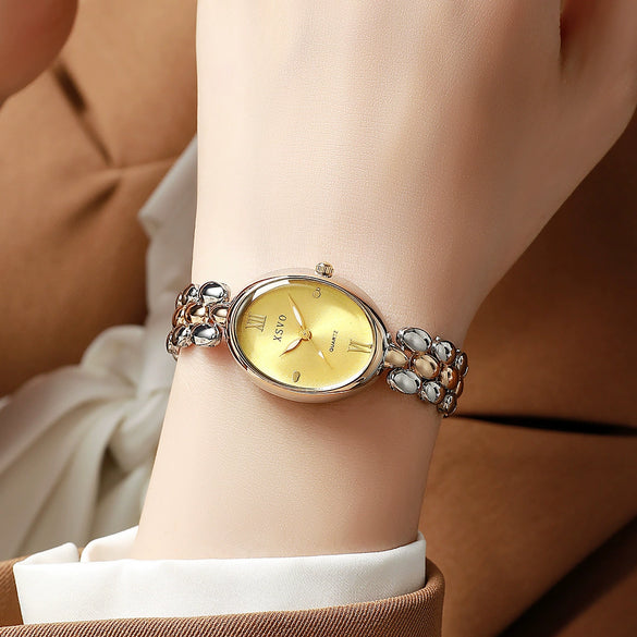 Alloy Oval Dial Women's Quartz Watch With Alloy Bracelet And Single Folding Buckle Fashion Style