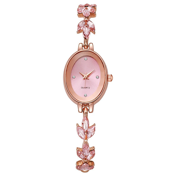 Alloy Oval Wheat Bracelet Style Ladies Watch With Explosive Violet Petals Light Luxury Design And Pull Rope Buckle