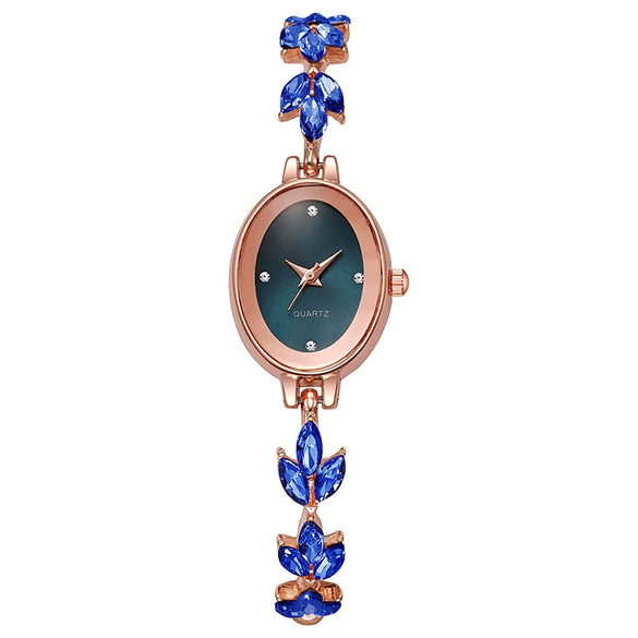 Alloy Oval Wheat Bracelet Style Ladies Watch With Explosive Violet Petals Light Luxury Design And Pull Rope Buckle