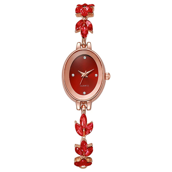 Alloy Oval Wheat Bracelet Style Ladies Watch With Explosive Violet Petals Light Luxury Design And Pull Rope Buckle