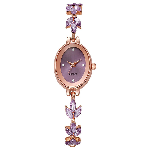 Alloy Oval Wheat Bracelet Style Ladies Watch With Explosive Violet Petals Light Luxury Design And Pull Rope Buckle
