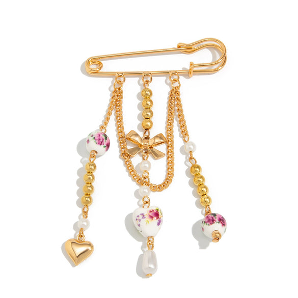Alloy Peach Heart And Star Bow Beaded Brooch With Electroplating For Women