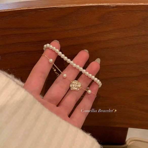 Alloy Pearl Camellia Double Layer Stacked Bracelet For Women Electroplated Hand Jewelry