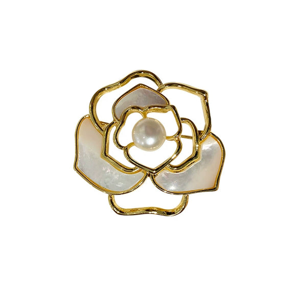 Alloy Pearl Camellia Flowers Brooch Electroplated For Women