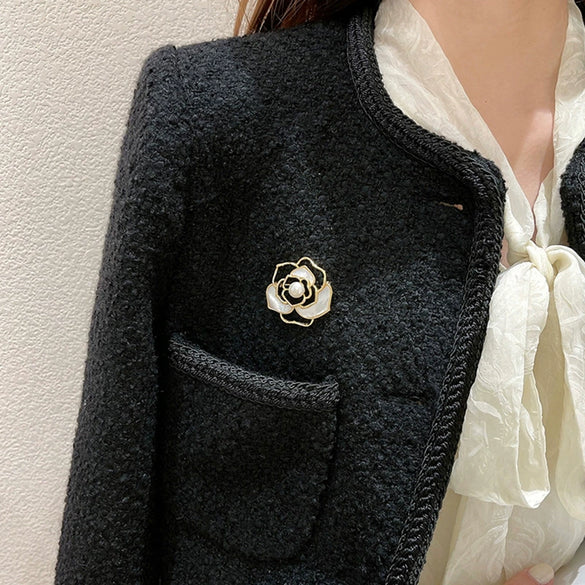 Alloy Pearl Camellia Flowers Brooch Electroplated For Women