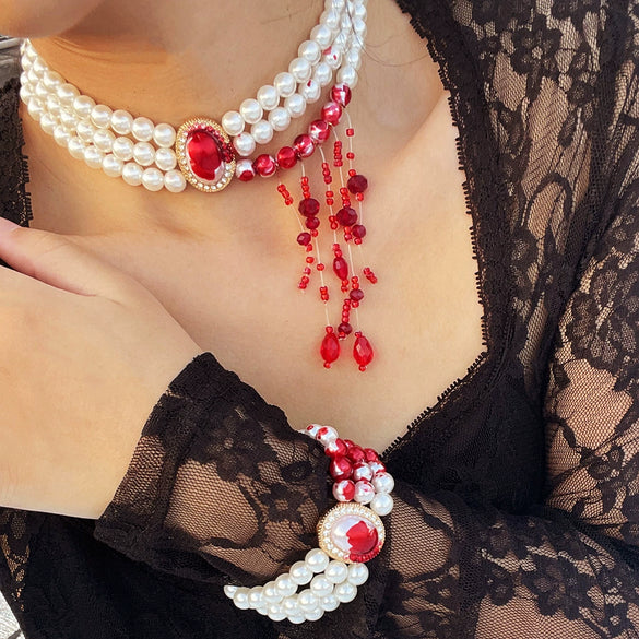 Alloy Pearl Chain Gothic Style Geometric Blood Drop Tassel Pendant Necklace For Women