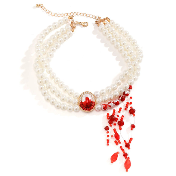 Alloy Pearl Chain Gothic Style Geometric Blood Drop Tassel Pendant Necklace For Women