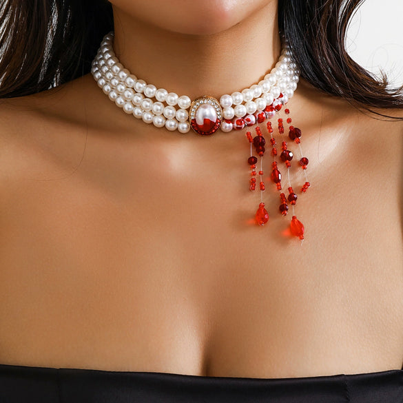 Alloy Pearl Chain Gothic Style Geometric Blood Drop Tassel Pendant Necklace For Women