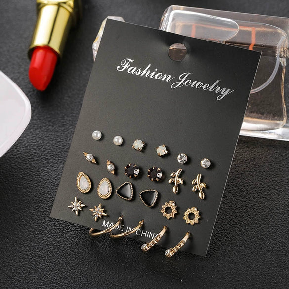 Alloy Pearl Diamond Earrings Set Geometric Oil Dropping Cshaped Heart Electroplated
