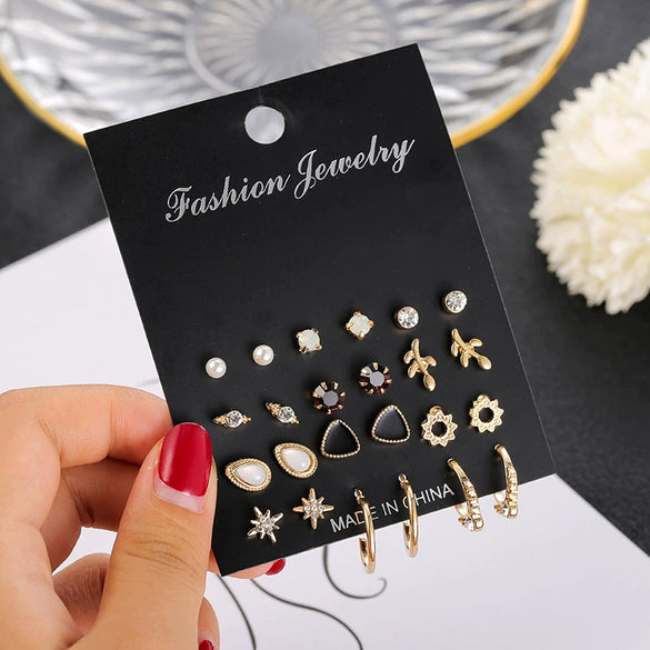 Alloy Pearl Diamond Earrings Set Geometric Oil Dropping Cshaped Heart Electroplated