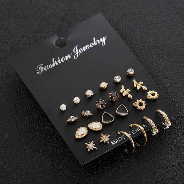 Alloy Pearl Diamond Earrings Set Geometric Oil Dropping Cshaped Heart Electroplated