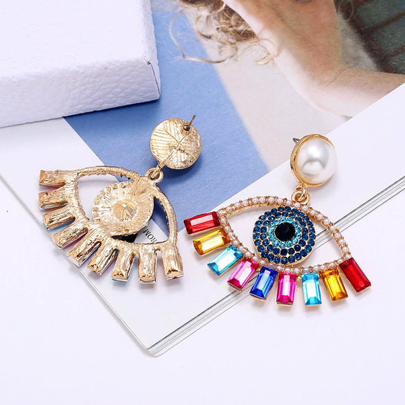 Alloy Pearl Earrings With Diamond Inlay Devil Eye Design Bold Statement Jewelry For Women