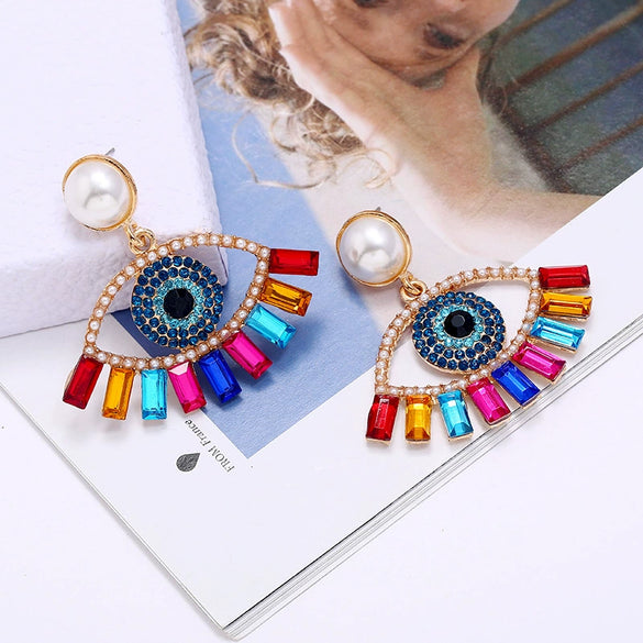 Alloy Pearl Earrings With Diamond Inlay Devil Eye Design Bold Statement Jewelry For Women