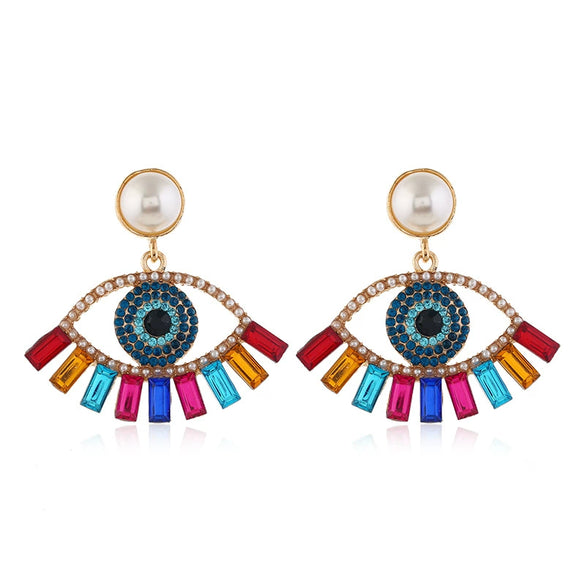 Alloy Pearl Earrings With Diamond Inlay Devil Eye Design Bold Statement Jewelry For Women