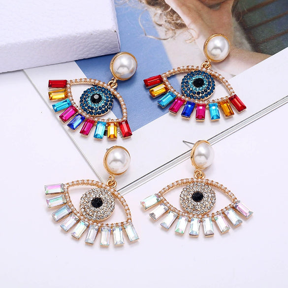 Alloy Pearl Earrings With Diamond Inlay Devil Eye Design Bold Statement Jewelry For Women